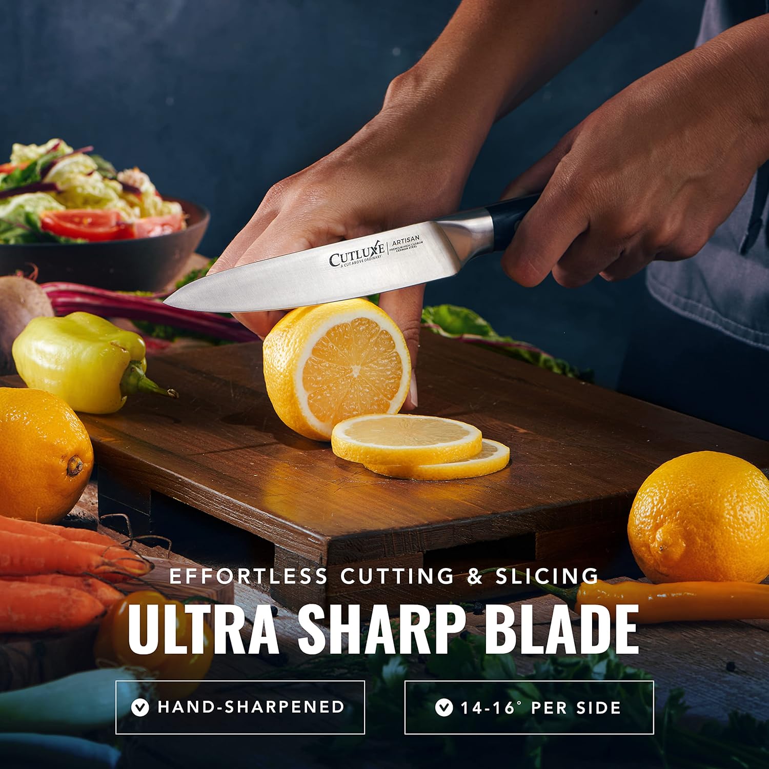 Product image 3 of 8: Ultra sharp kitchen knife slicing lemon on wooden cutting board with fresh vegetables