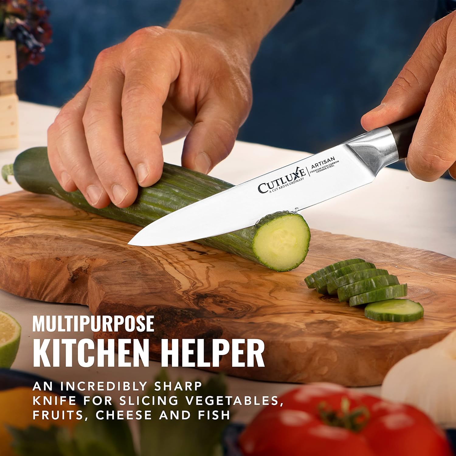 Product image 5 of 8: Sharp kitchen knife slicing cucumber on wooden cutting board for vegetables and fruits