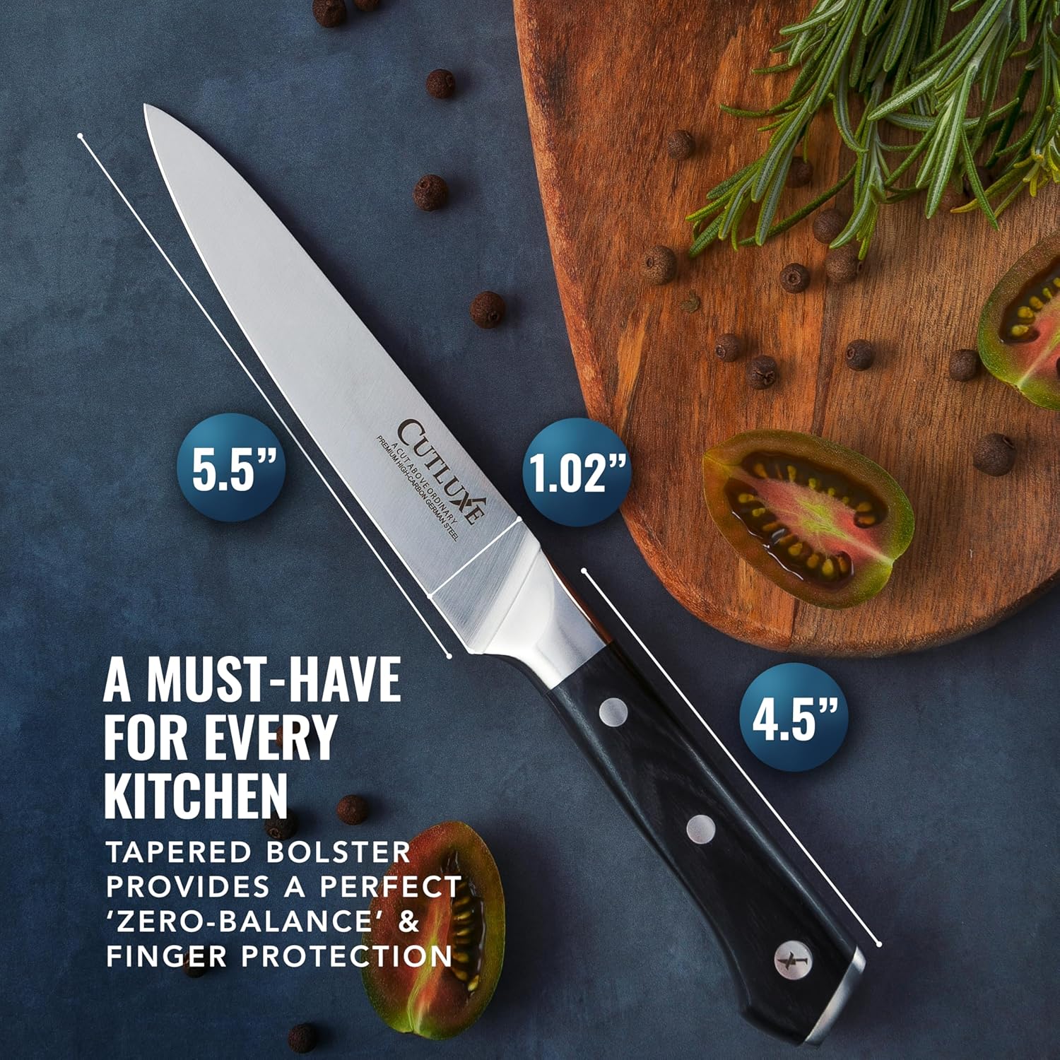 Product image 2 of 8: Premium kitchen knife with tapered bolster, ideal for home cooks and chefs, displayed with herbs and tomatoes