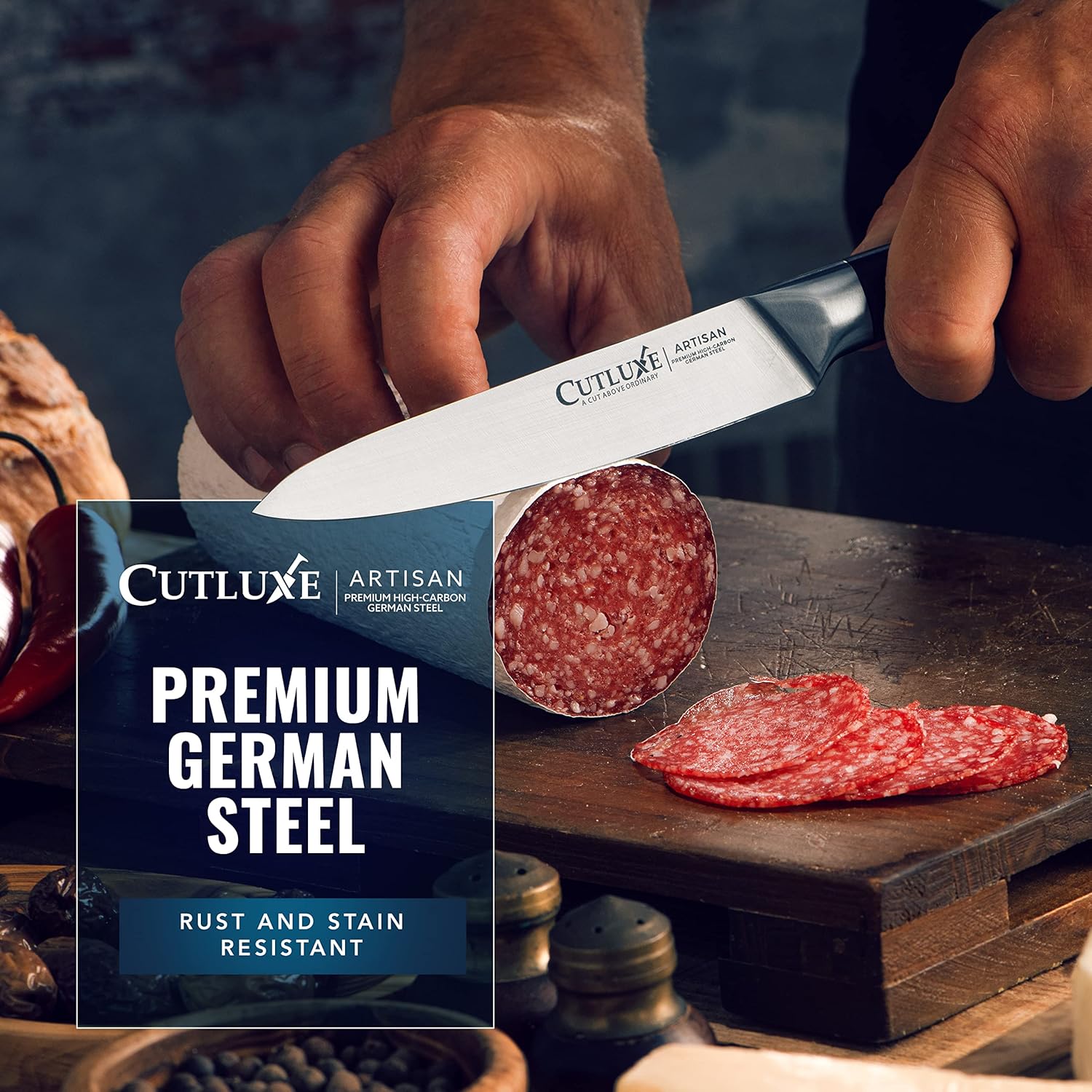 Product image 6 of 8: Premium German steel knife slicing salami on wooden cutting board