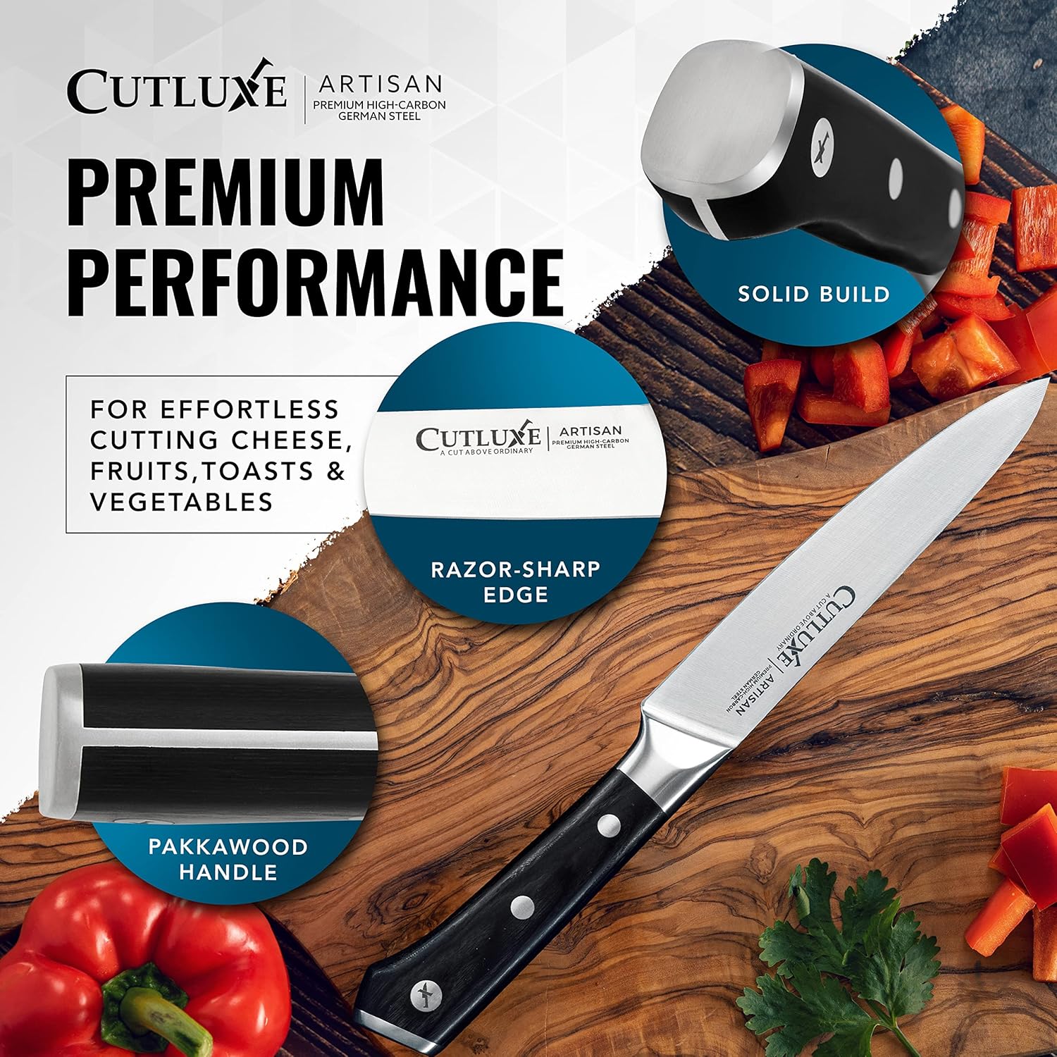 Product image 7 of 8: Premium kitchen knife with razor-sharp edge and Pakkawood handle for cutting vegetables, fruits, cheese, and toast