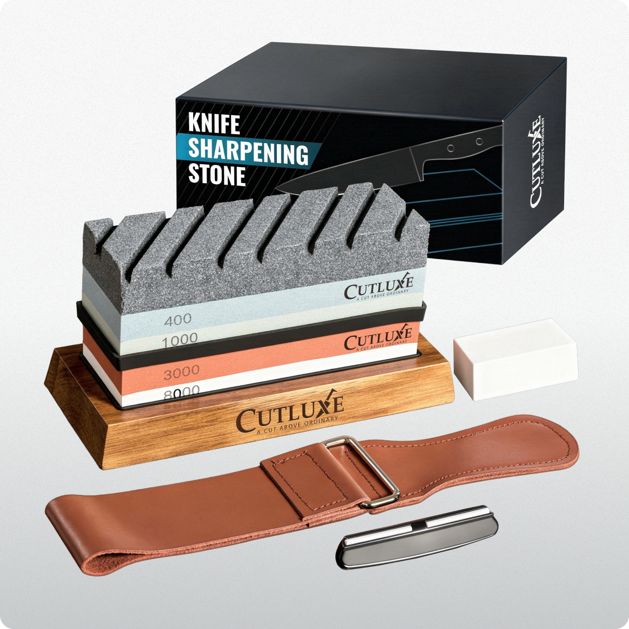 Product image 8 of 8: Knife sharpening stone set with 400-8000 grit stones, leather strop, and honing steel for kitchen knives
