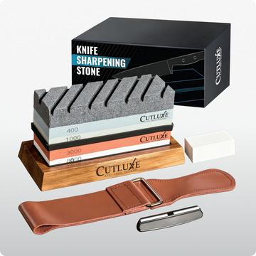 Knife sharpening stone set with 400-8000 grit stones, leather strop, and honing steel for kitchen knives