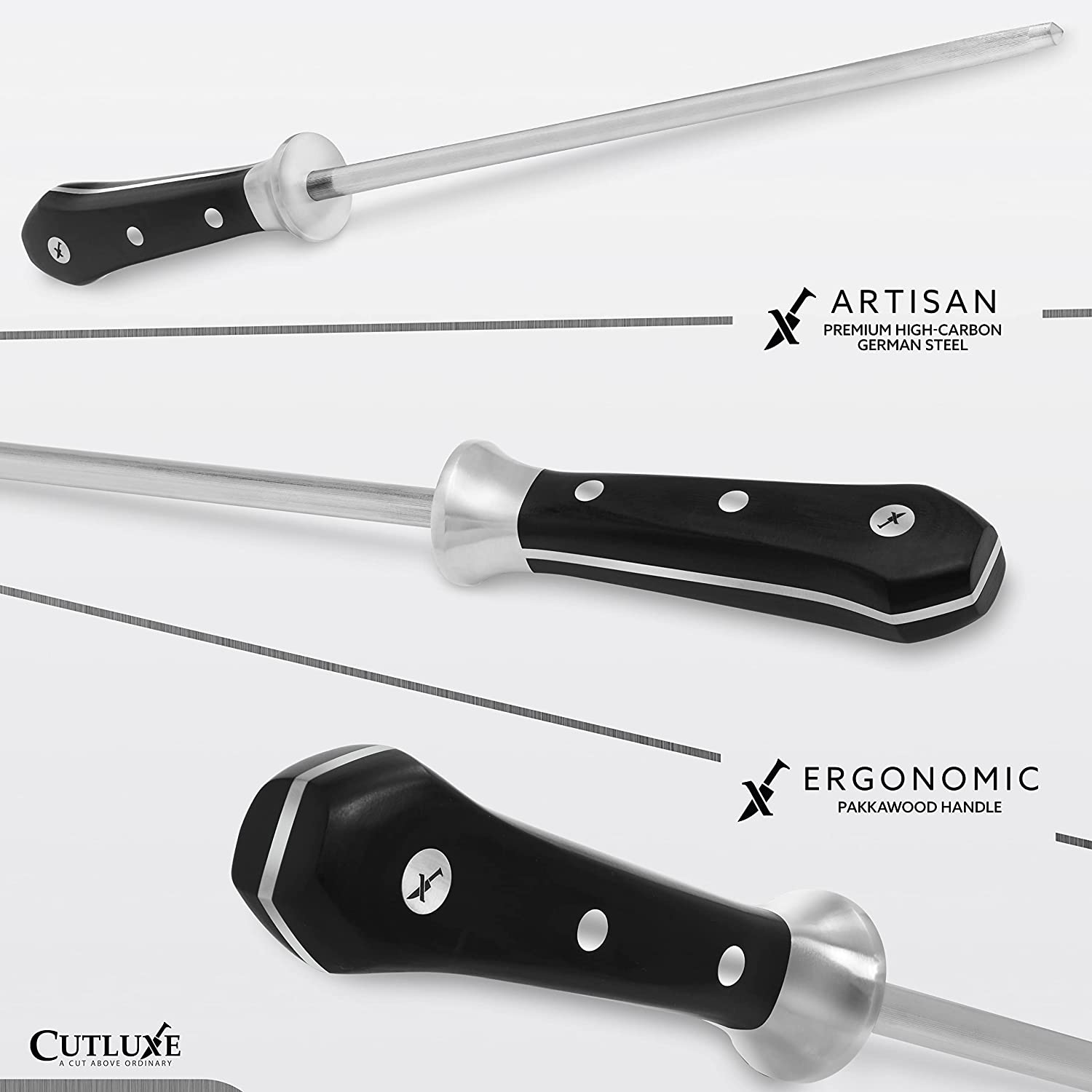 Cutluxe Honing Steel - 10 Sharpening Rod - Full Tang Ergonomic Handle Design - Artisan Series