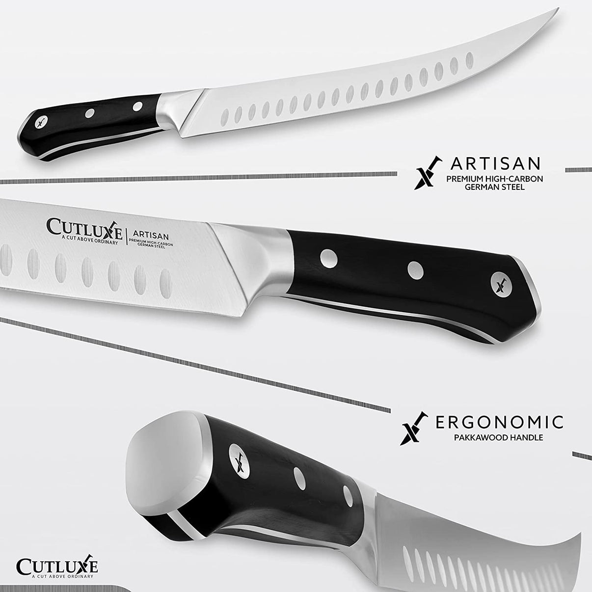 CUTLUXE 10″ Butcher Knife, Cimeter & Breaking Knife Artisan Series
