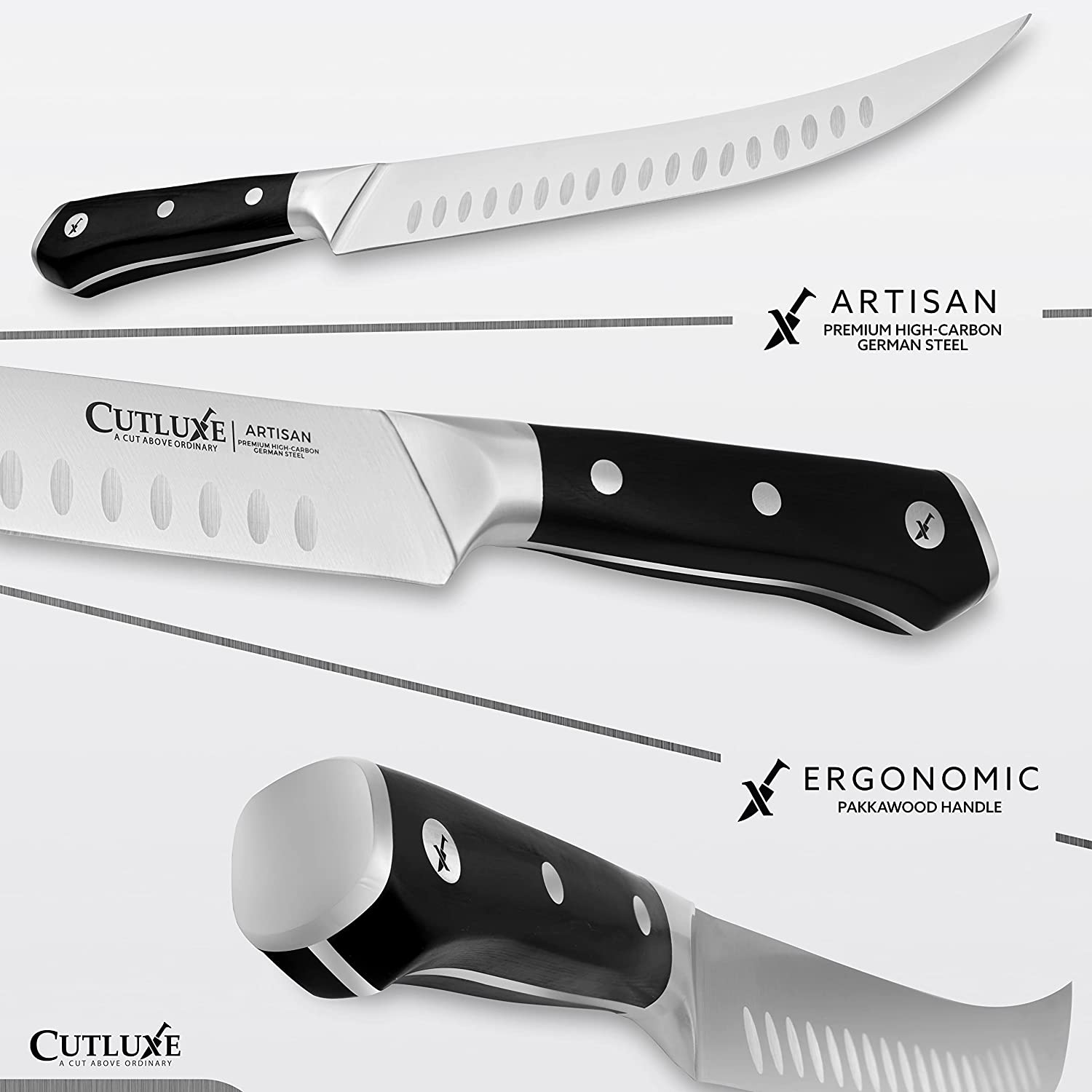 Cutluxe Brisket, Bullnose and Cimeter Knife Set– Forged High Carbon German  Steel – Full Tang & Razor Sharp – Ergonomic Handle Design – Artisan Series