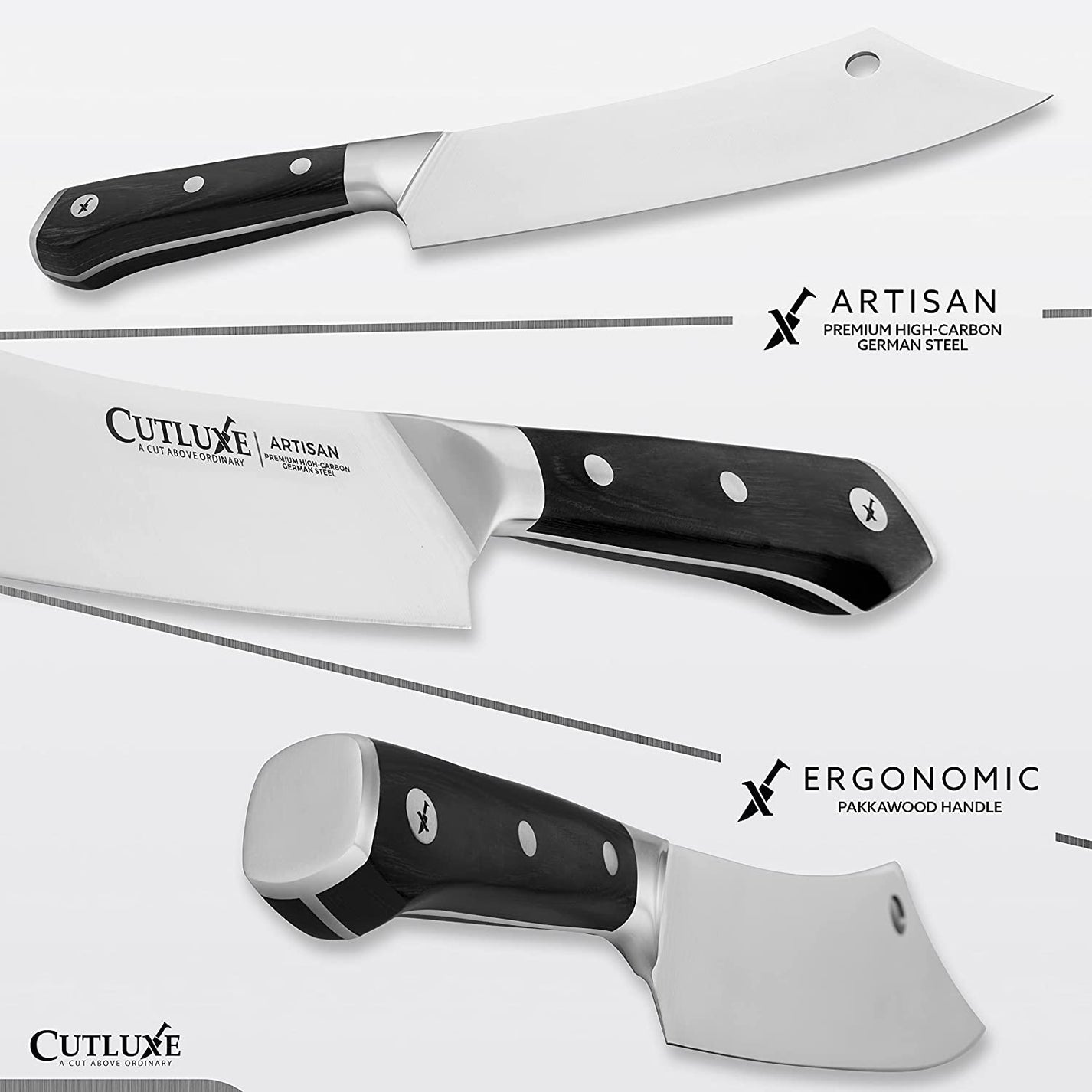CUTLUXE Chef & Cleaver Hybrid Knife, 8" Kitchen Knife Artisan Series