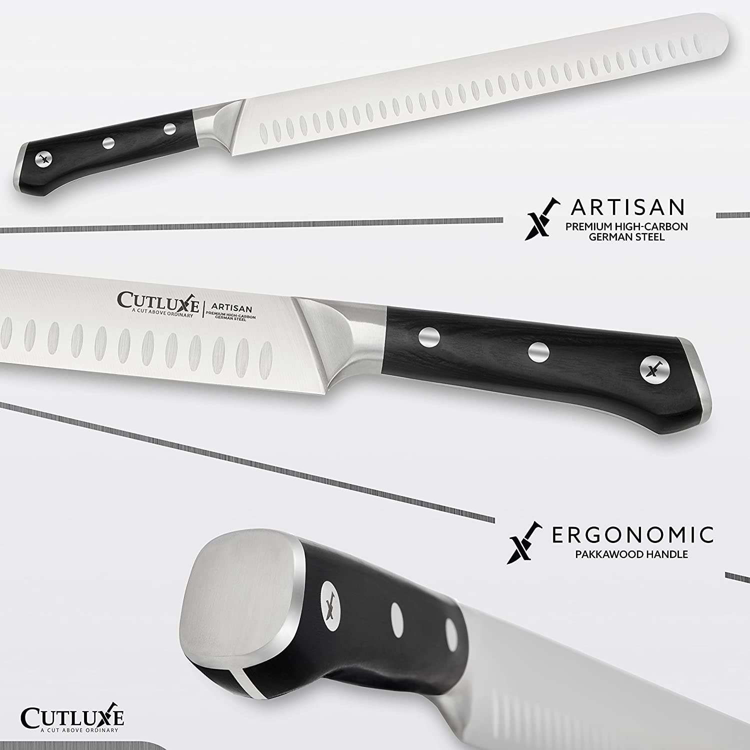 CUTLUXE Meat Carving Knife – 9 Turkey Carving Knife – Razor Sharp High  Carbon German Steel Blade – Artisan Series 