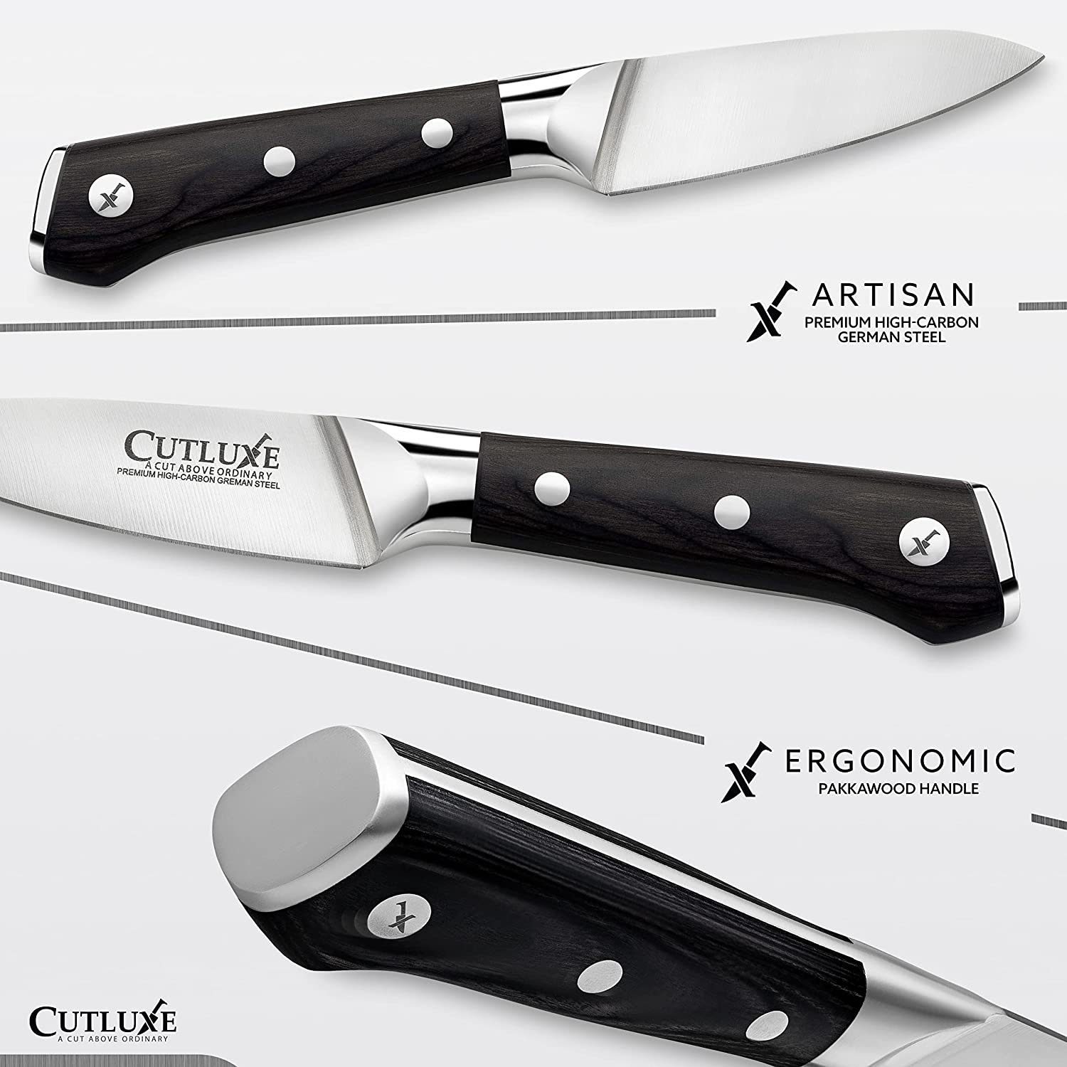 Cutluxe Paring Knife – 3.5 Small Kitchen Knife, Peeling Knife with Razor Sharp Blade – Forged High Carbon German Steel – Full Tang & Ergonomic