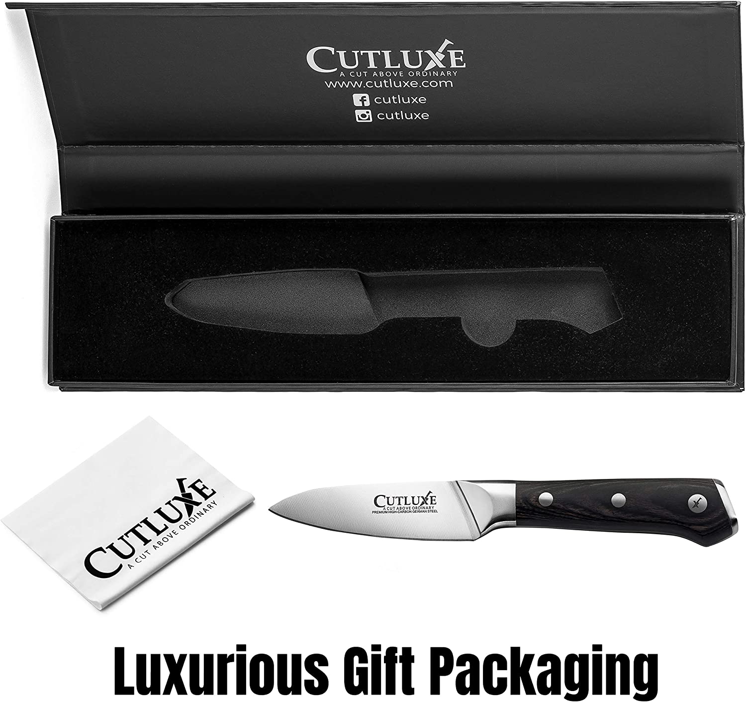 Cutluxe Paring Knife – 3.5 Small Kitchen Knife, Peeling Knife with Razor Sharp Blade – Forged High Carbon German Steel – Full Tang & Ergonomic