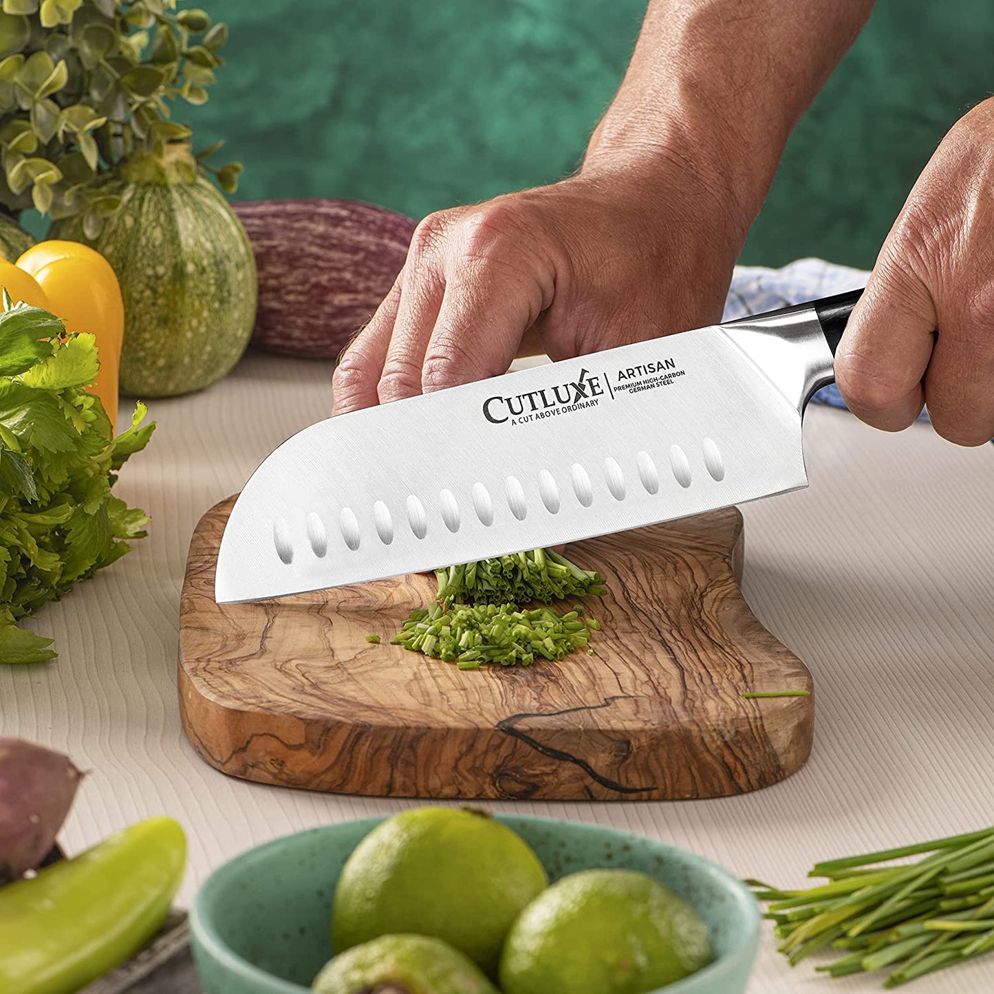 5 couteaux GEORGES artisanaux : santoku, cuisine, office, pain, steak